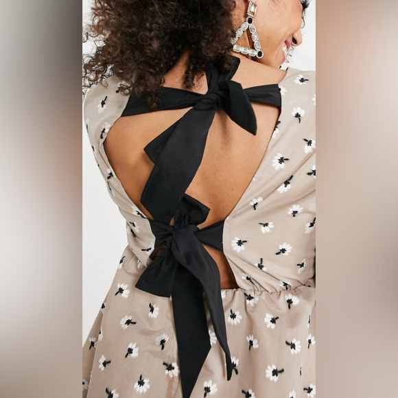 ASOS midi Bow Back dress in embroidered daisy in mushroom - Picture 2 of 3